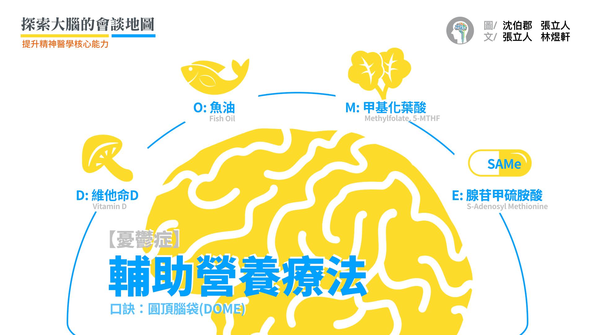 哪些營養療法是可信的？  《美國精神醫學期刊》在 2016 年刊出〈憂鬱症的輔助營養療法:系統性回顧與統合分析〉，針對輔助營養療法的大量研究結果進行統合分析，發現特定營養補充療法的療效。這篇論文內容已被列為美國醫師的醫學知識核心能力，是所有醫師不可不知的常識。  Reference: Am J Psychiatry. 2016; 173: 575-587