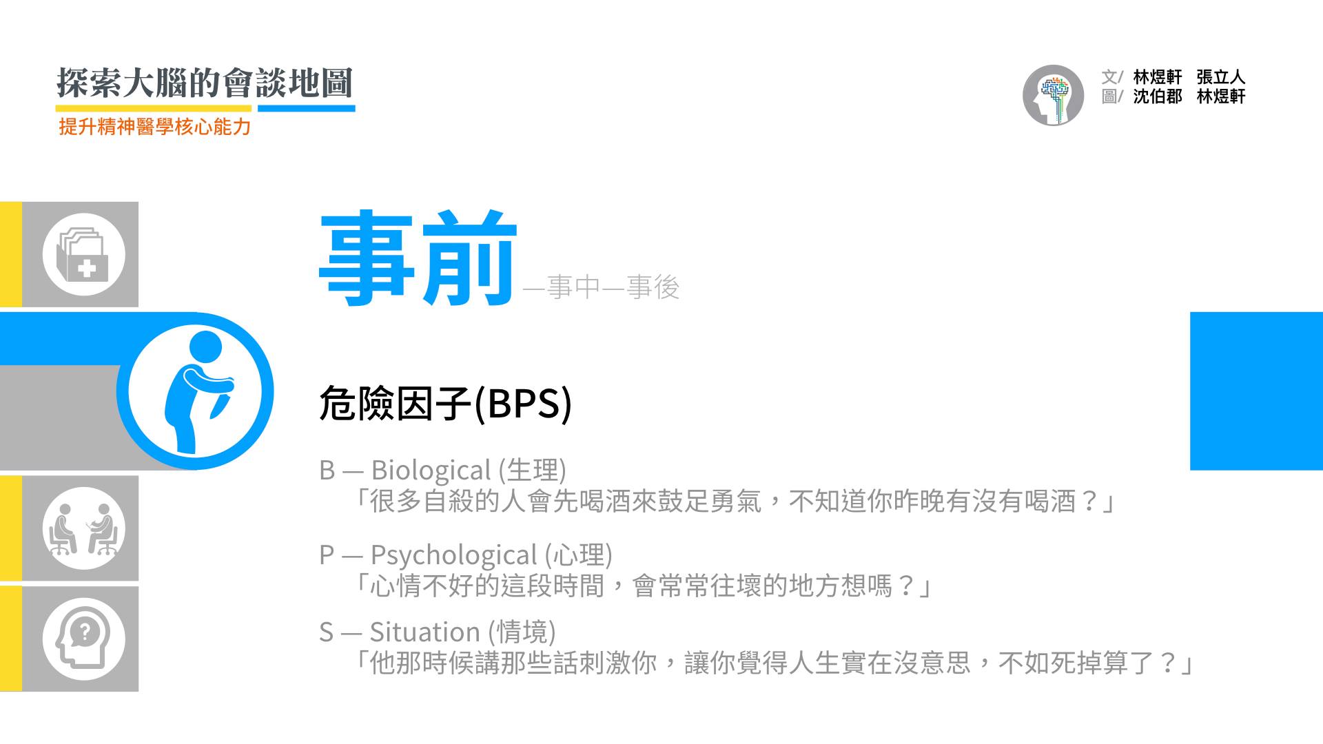 自殺的事前危險因子，可以依據「生理」（B）、「心理」（P）、「情境/社會」（S）因素歸納如下：  B- 生理因素：最常見的是自傷事件前的物質使用，如喝酒  P- 心理因素：可再分為偏向精神病症狀的（psychotic），像是幻聽教唆患者去自殺；或是情緒相關的（neurotic），如最近是否處與鬱期（major depressive episode）。  S- 社會因素：會談者應「還原現場」，了解當時患者自殺事件前的「情境」