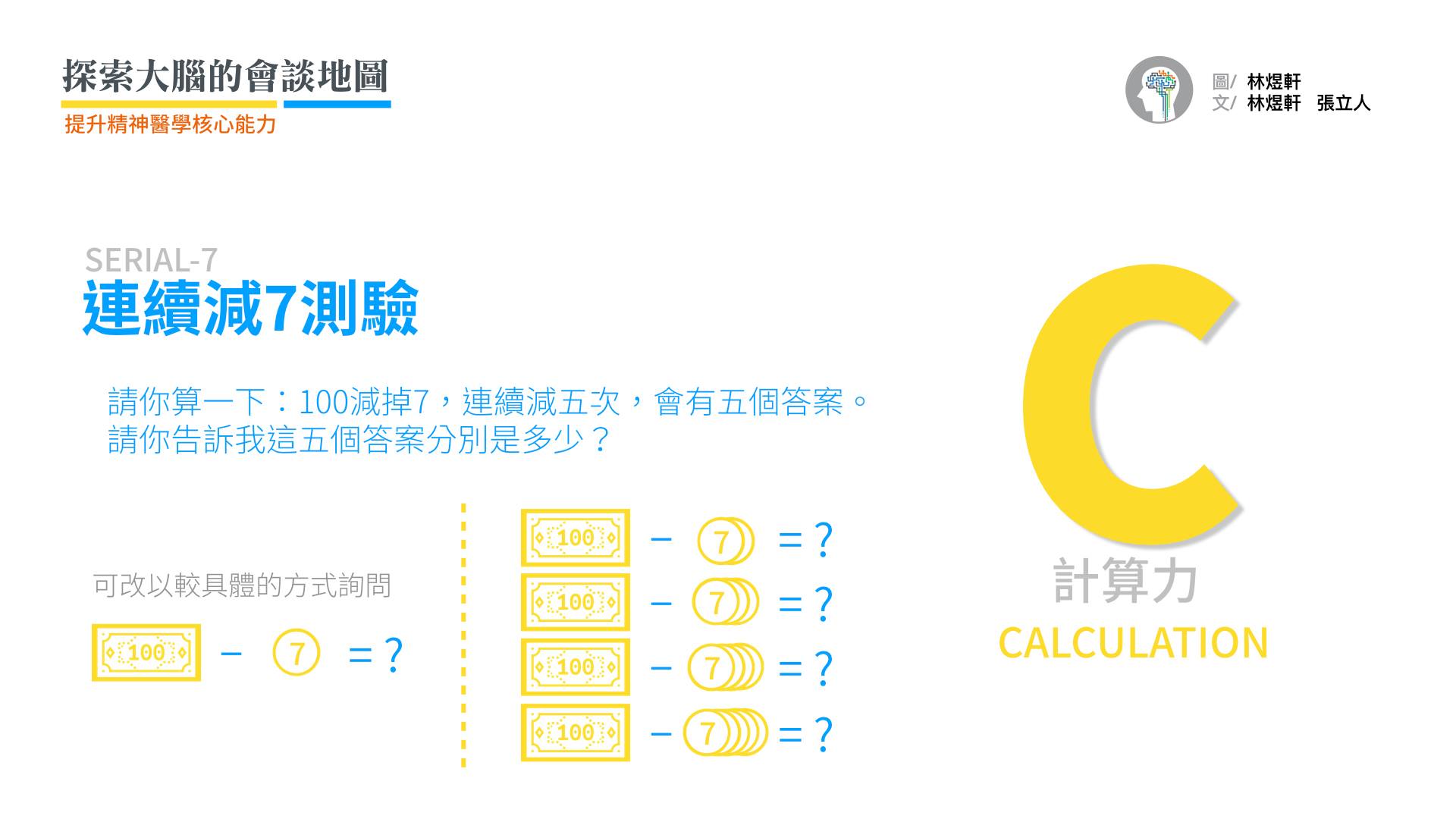 「計算能力」測驗同時也包含了注意力與工作記憶（working memory）。因此施測者不宜覆誦受試者的答案，因為這樣只有測到算術能力，沒有注意力的部分。  如果受試者無法理解時，用生活化的例子「你用100塊買7塊的東西，他要找你多錢？」協助受試者理解後，詢問「再買一個一樣的（受試者必須自己記得是7元），他要找你多少錢？」