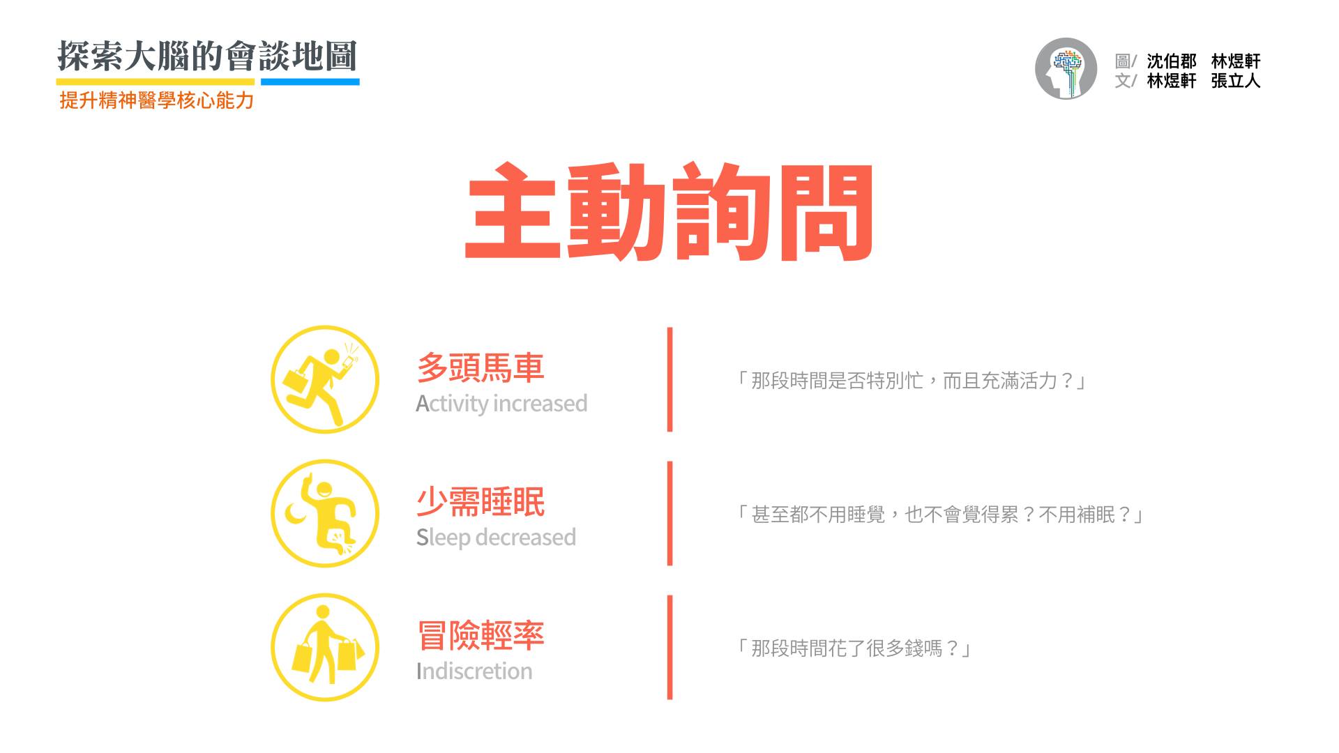 利用兩句高效率的問句「那段時間是否特別忙而且充滿活力(或精力充沛)?」、「甚至都不用睡覺還不會覺得累?」就可以一次問到「目標導向的活動增加」(A)、「睡眠需求減少」(S)兩個重要症狀 「睡眠需求減少」是躁症發作的重要初期徵兆。定義是一天不到3小時,但務必要問是否「也不覺得累」、「不用補眠」。 再緊接著前句問「那段時間花了很多錢嗎?」 通常詢問輕率冒險(I)的症狀,問花錢是最客觀好問的,但如果患者講得比較不明確時再詢問「還是做了很多比較刺激、危險的事,像是飆車、或是在性方面比較開放?」