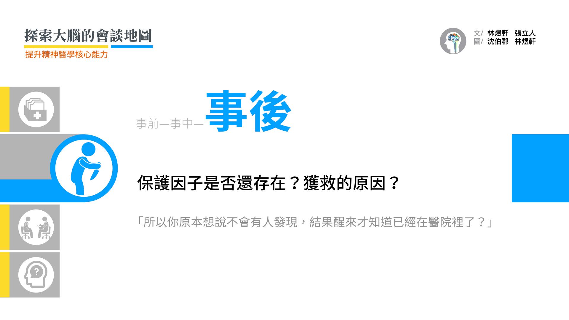 患者今天能與我們會談，是巧合地被發現獲救？還是在眾目睽睽下，作勢自殘而被立即攔阻？這都是必須評估的保護因子。  從探討獲救原因的過程，到理解個人化的保護因子；再評估這些保護因子是否還存在，是決定個案安置的重要一環。  如果患者「原本想說不會有人發現，結果醒來才知道自己已經在醫院裡了」這樣意外獲救，則患者的保護因子相對薄弱。反之，患者若是在眾目睽睽下，作勢自殘而被立即攔阻，仍須評估這些當場解救他的「貴人」是否在他出院後仍然會密切地陪伴他。