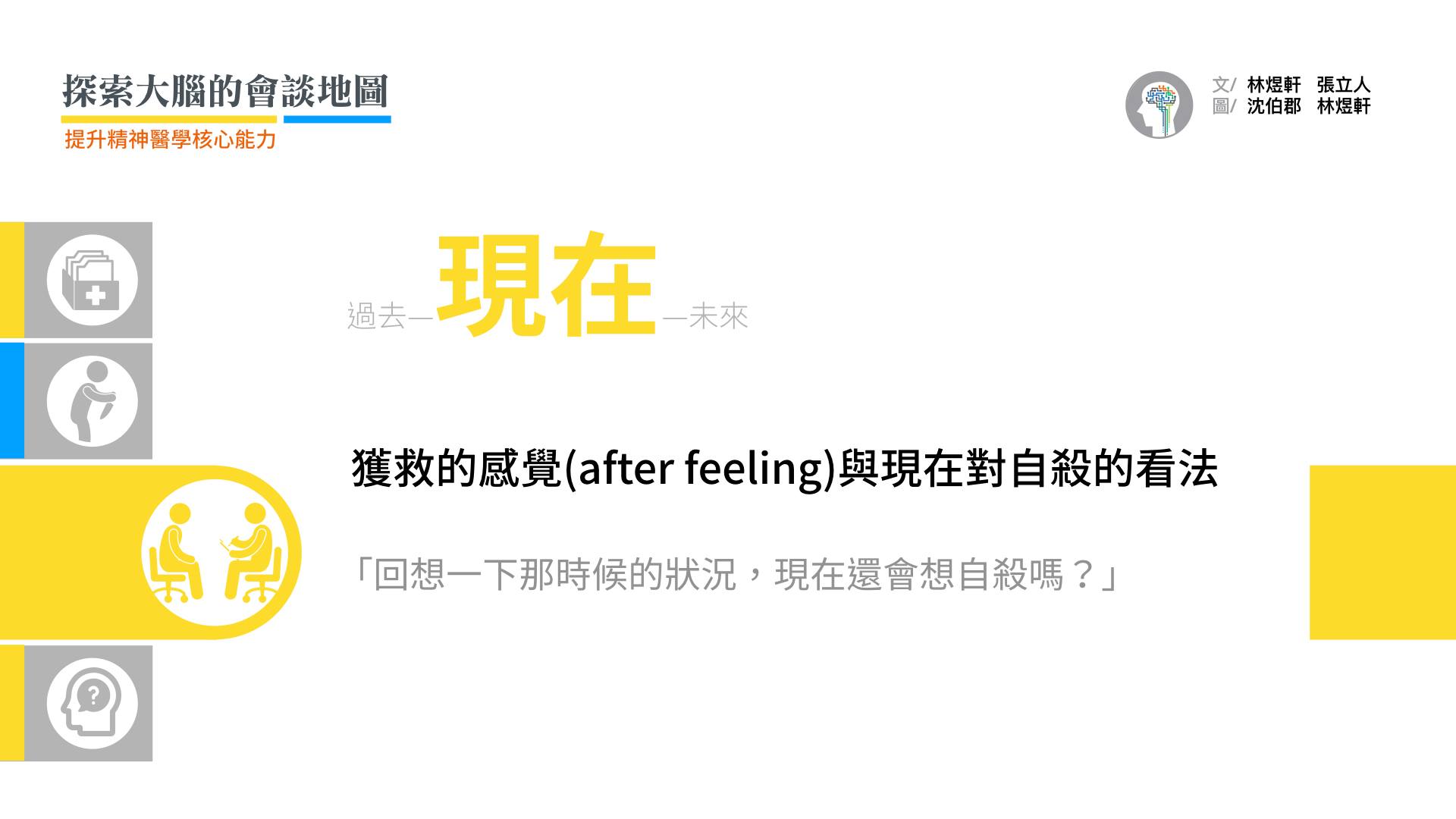 在仔細地自傷評估過程中，一定要詢問「此時此刻」的想法：「現在」獲救的感覺與「現在」對自殺的看法