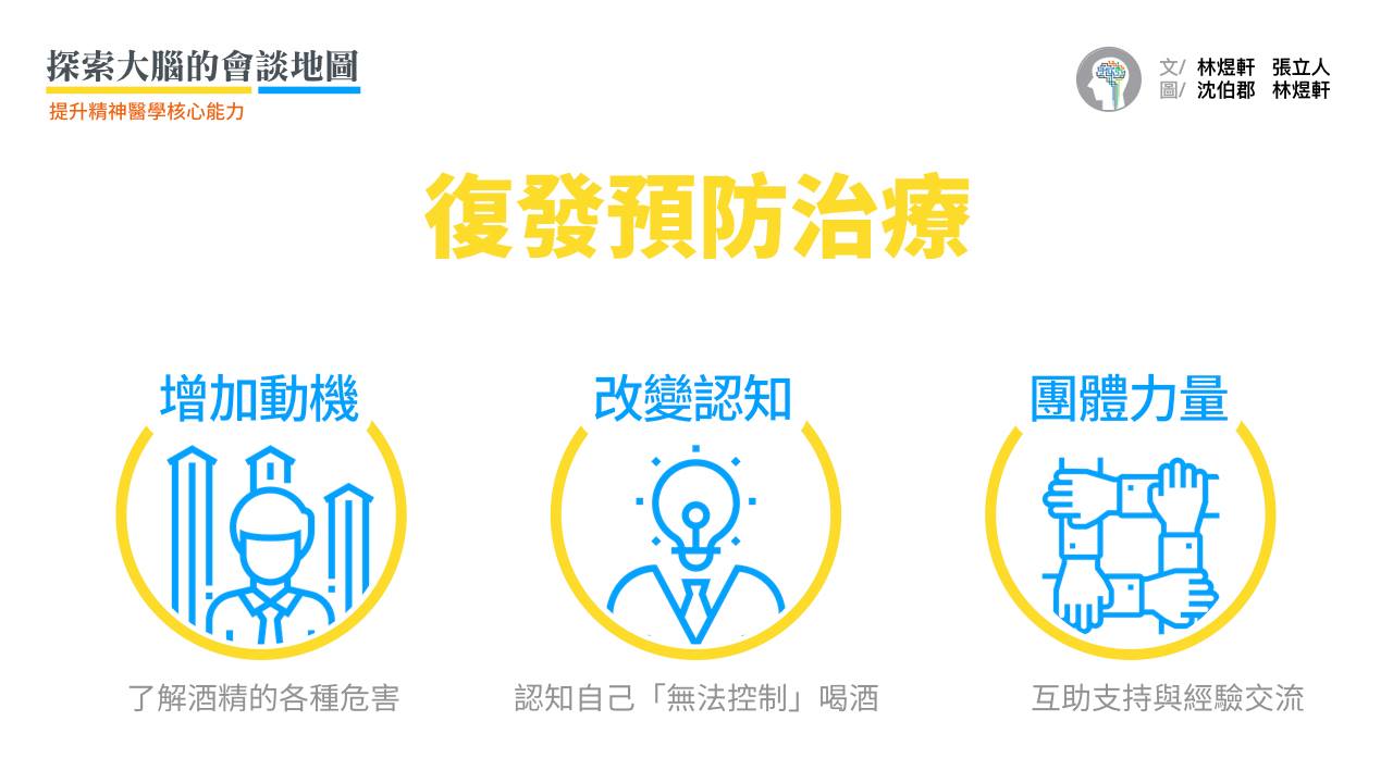 ○「承認自己無法控制喝酒」是戒癮認知治療中，最重要的一步；認定自己無法處理酒的問題，之後反而容易戒酒成功。  ✕ 因為酒癮最核心的精神病理是「失控」，因此戒酒不可能「每天少喝一點來慢慢戒」。  此外，團體的力量也非常重要。在戒酒團體中幫助別人戒酒，自己也才會開始思考。在團體中比較不會有「醫師又沒經歷過，怎麼會了解戒酒的困難和痛苦？」的對抗權威效應；而是如同大哥帶小弟，尊敬在團體中已戒酒多時的「大哥」，而且自己在團體中的「面子」也很重要！