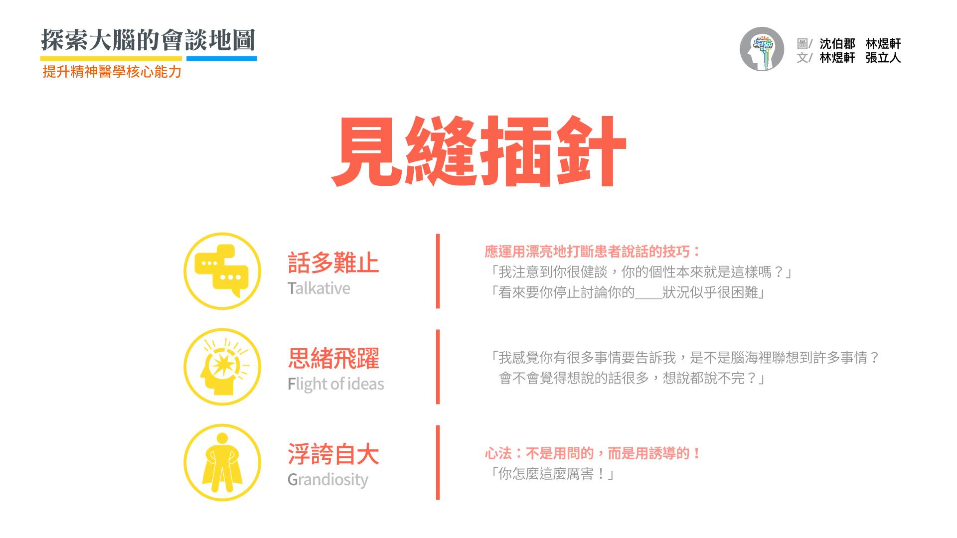 見縫插針的兩套心法:「打斷」與「誘導」 而打斷多話,常需要三招技巧: 1️⃣「我注意到你很健談。你的個性本來就是這樣嗎?」(區分這是人格特質或躁症發作) 2️⃣「感覺你有很多事情要告訴我,是不是腦海裡聯想到許多事情?會不會覺得很多話想說、說都說不完?」(從多話延伸到思緒飛躍) 3️⃣「看來要停止討論妳的【財務狀況】似乎很困難」;「因為今天時間有限,我想更有效率地幫忙你,接下來的問題,請告訴我有或沒有就好。」(展現為對方著想的同理心,將會談導向結構式的問題)